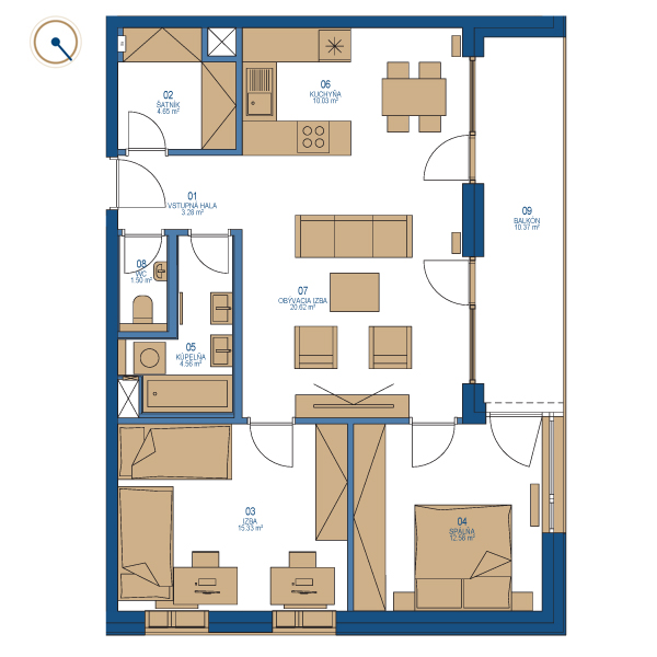 Pôdorys bytu 3 izbový byt, 5. poschodie, bytový dom B, Urban residence
